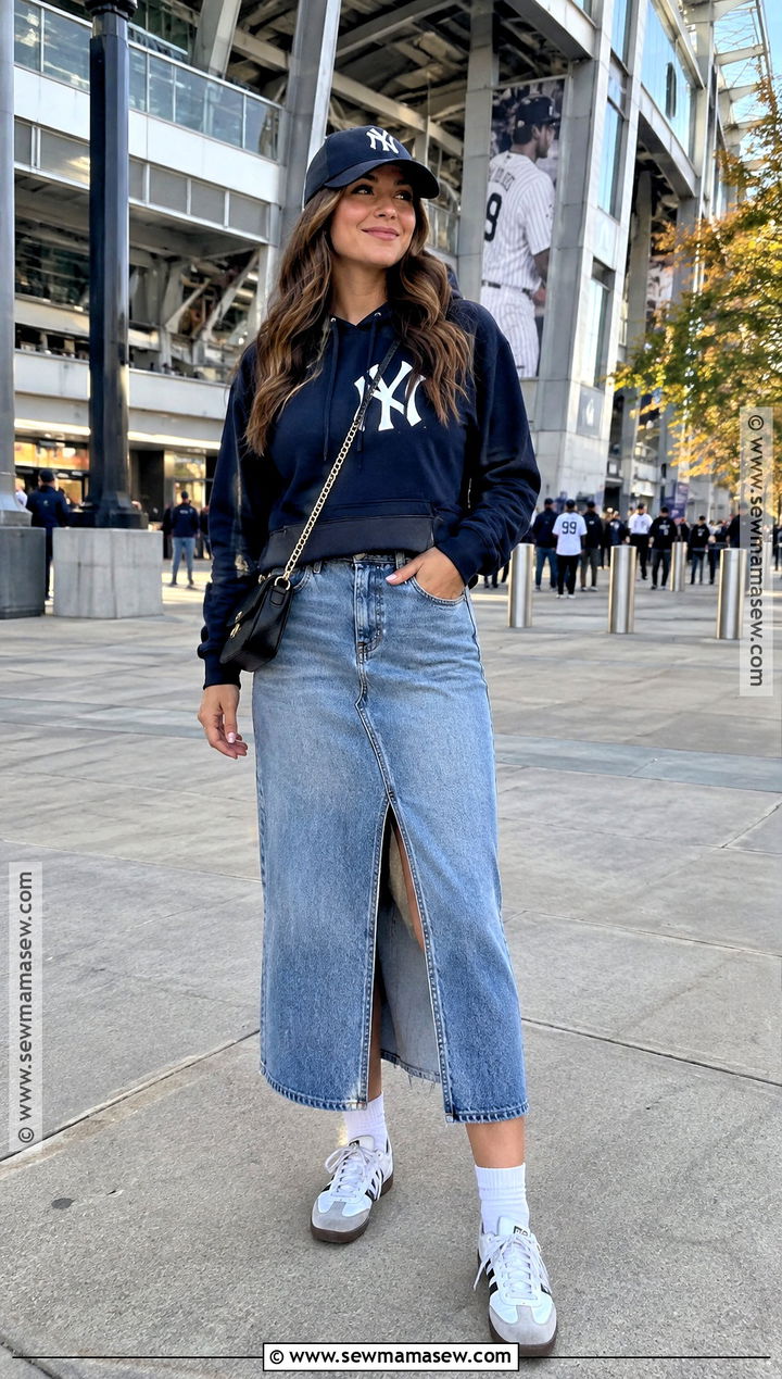 Team Hoodie With Denim Midi Skirt - 20 baseball game outfit fall ideas