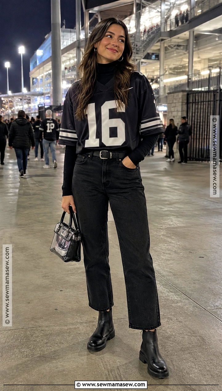 Team Jersey With Black Jeans And Ankle Boots - 25 college football game outfit fall ideas
