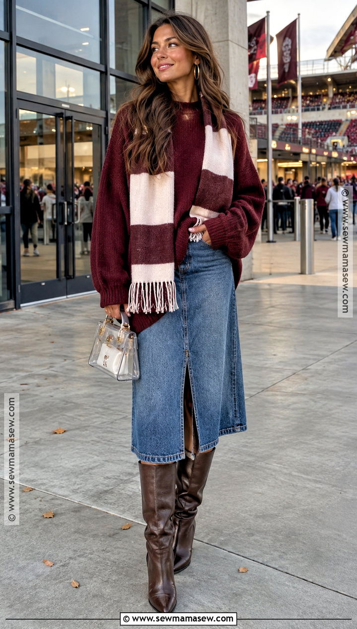 Team Sweater With Denim Skirt And Boots - 20 football game outfit fall ideas