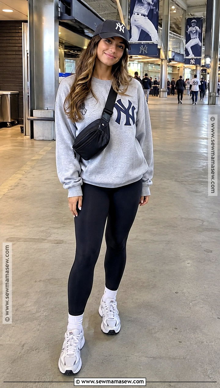 Team Sweatshirt With Black Leggings - 20 baseball game outfit fall ideas