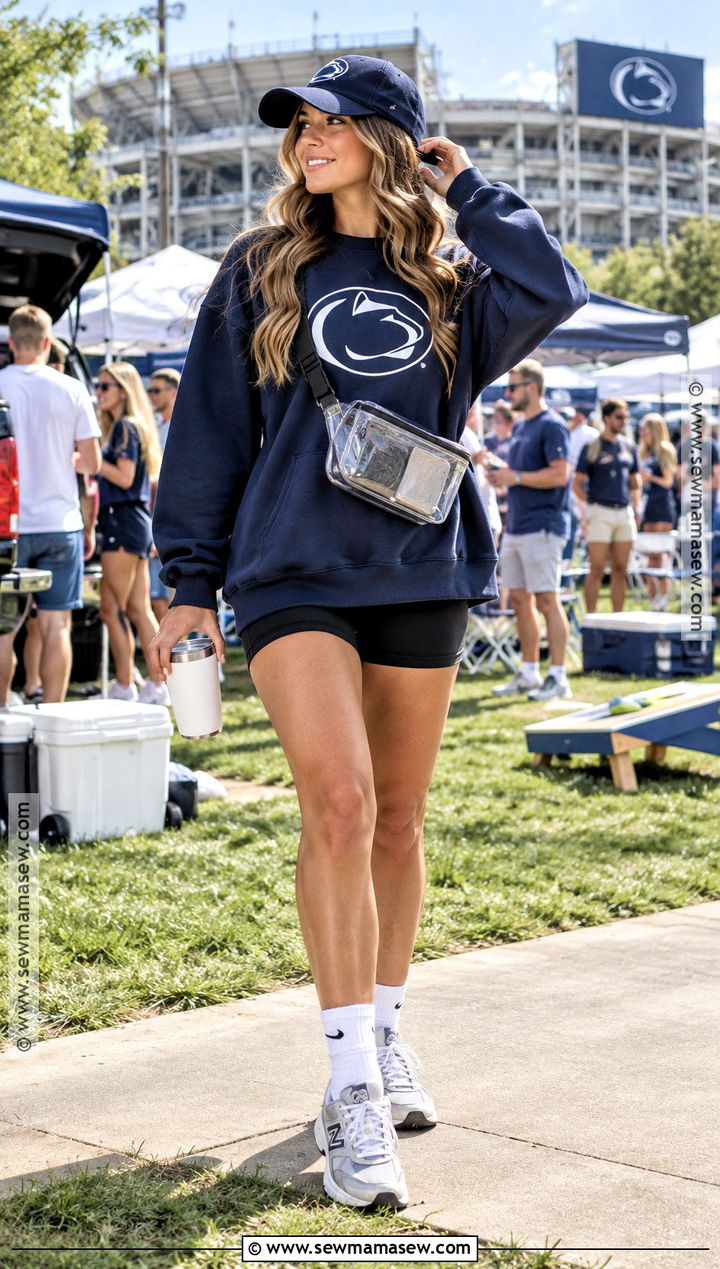 Team Sweatshirt and Biker Shorts Game Day Outfit - 20 fall college football game outfit ideas