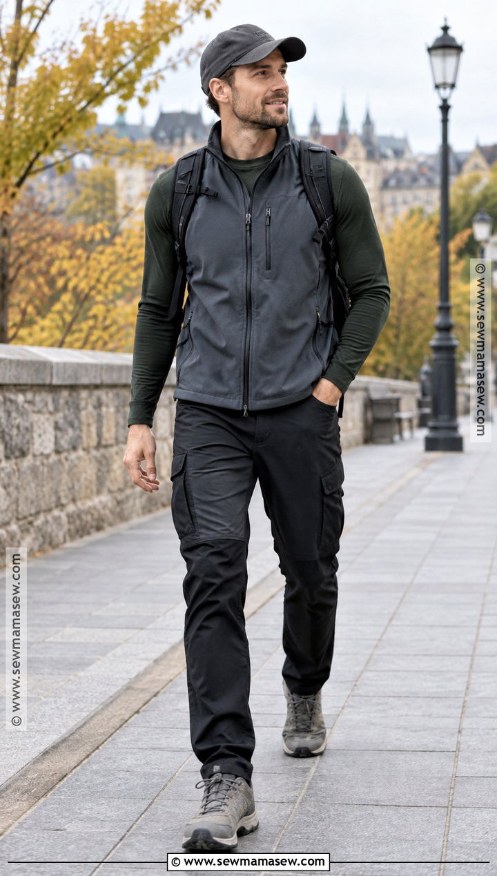 Technical Vest With Merino Shirt and Cargo Pants - 15 Mens Fall Vest Outfit Ideas