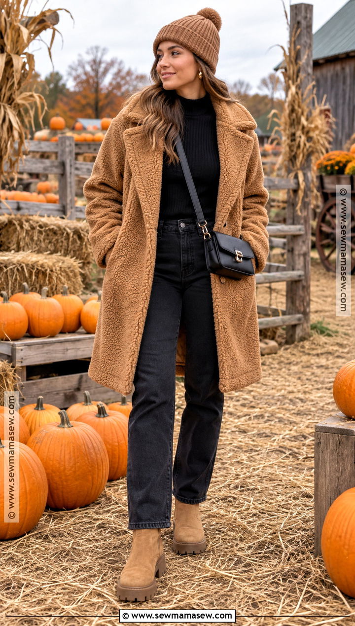 Teddy Coat And Black Jeans Pumpkin Patch Outfit - 20 warm pumpkin patch outfit ideas