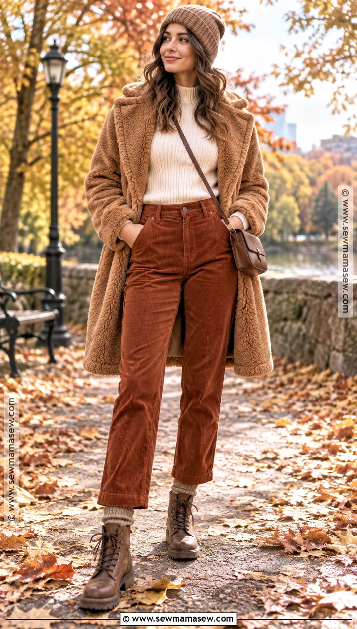Teddy Coat And Corduroy Pants Fall Outfit - 15 Cute Fall Outfits For Cold Weather