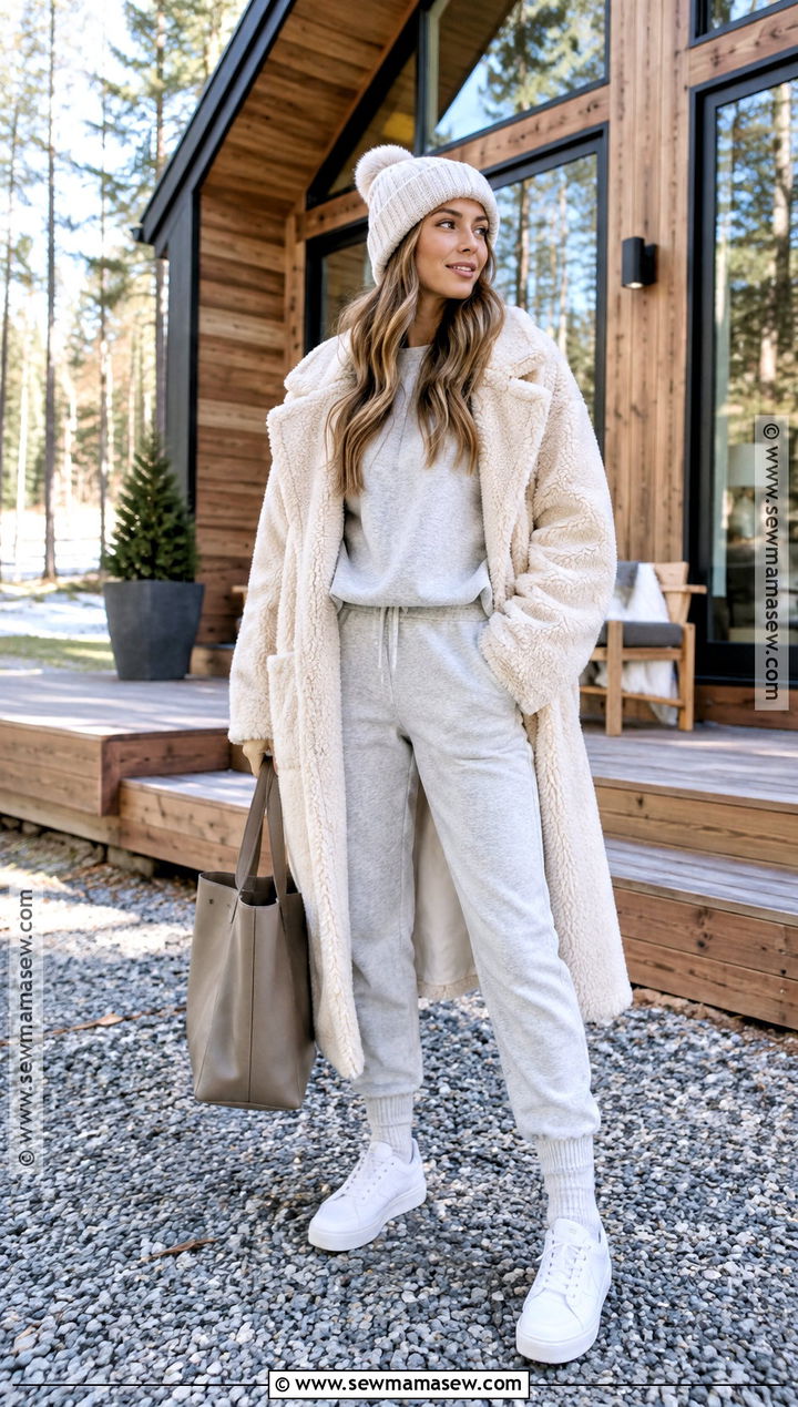 Teddy Coat Cabin Outfit With Sweats and Sneakers - 15 cute cabin outfits fall