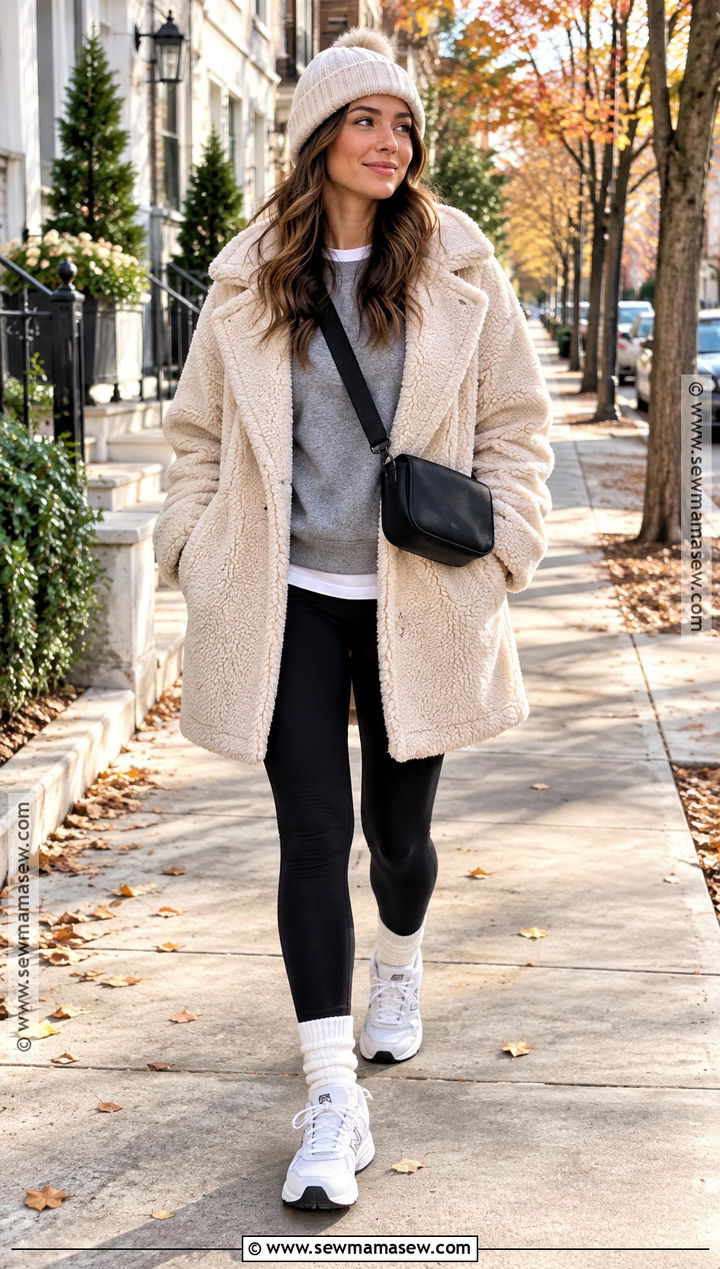 Teddy Coat Sweatshirt Leggings and Sneakers - 20 cold fall day outfit ideas
