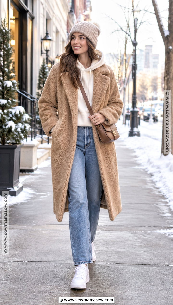 Teddy Coat With Hoodie And Straight Jeans Outfit - 25 fall and winter outfits
