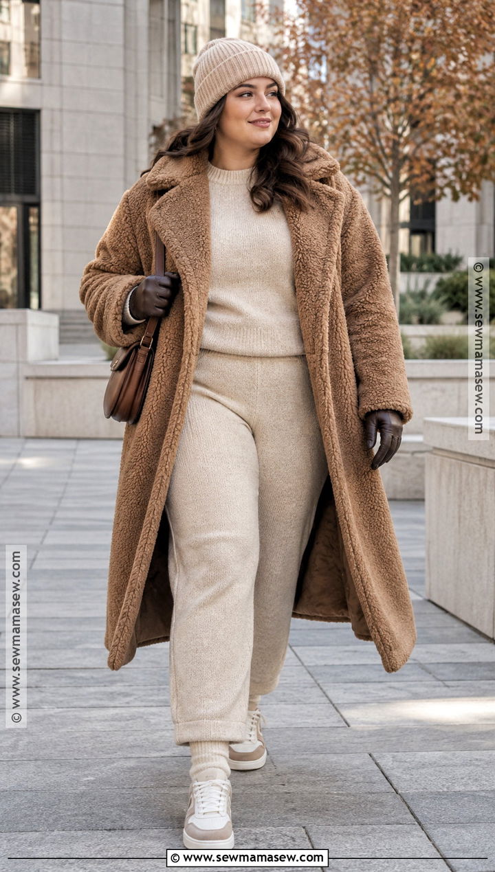 Teddy Coat With Knit Set And Sneakers - 20 30 degree weather outfit fall ideas