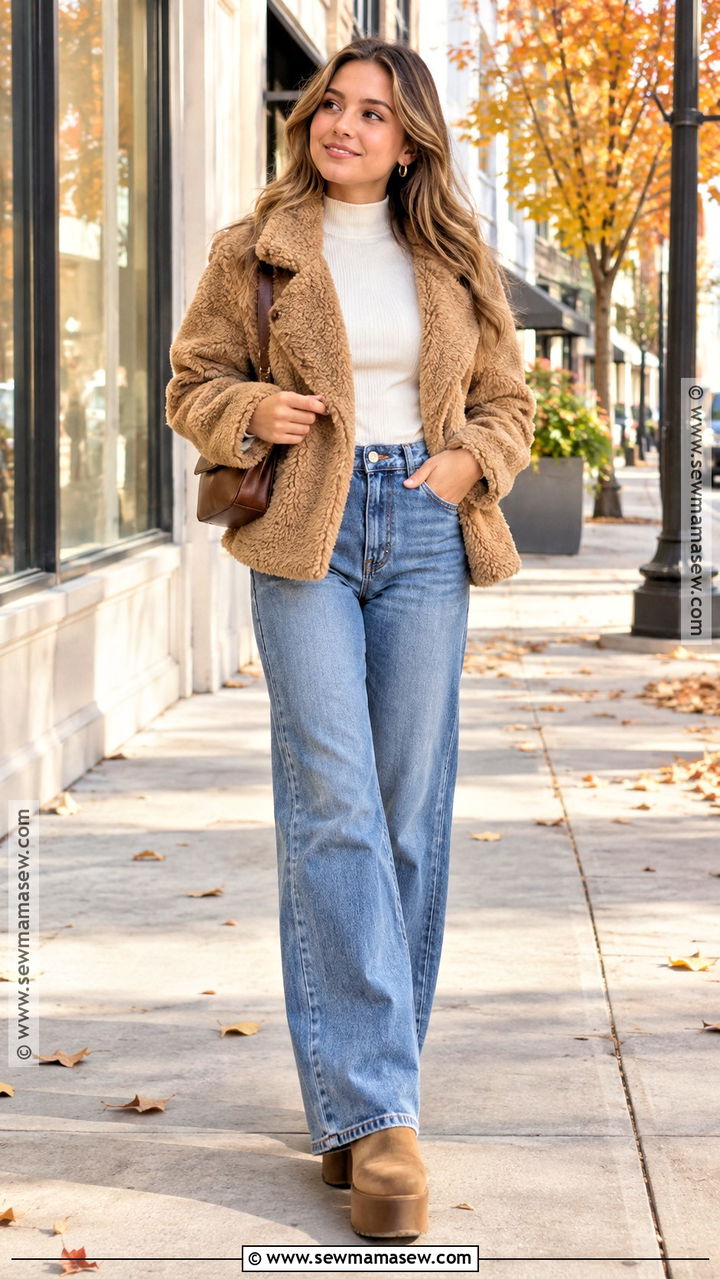 Teddy Coat With Wide Leg Jeans - 20 Coat Fall Outfit Ideas