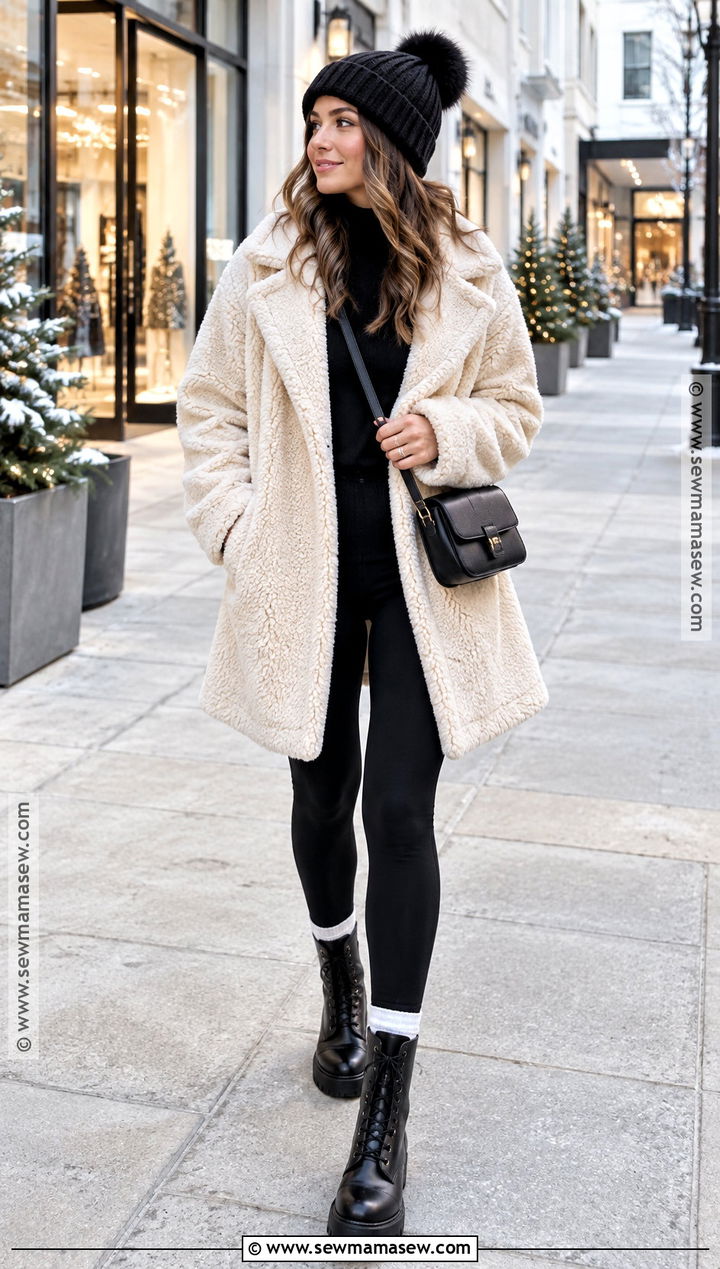 Teddy Coat and Black Leggings Outfit - 20 winter fall outfits for women