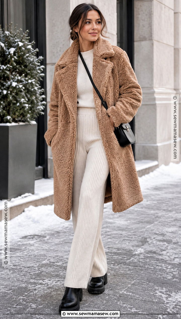 Teddy Coat and Knit Pants Street Style - 20 Street Style Fall Winter Ideas