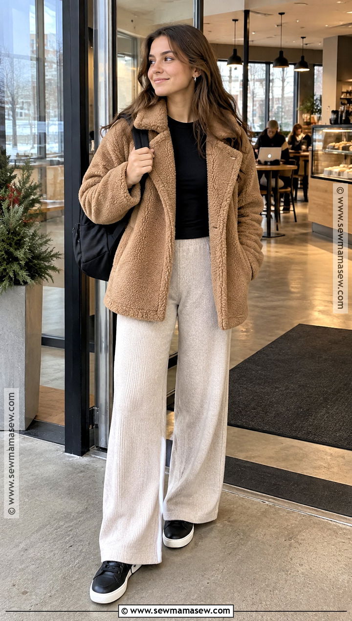 Teddy Coat and Knit Pants Winter School Outfit - 20 winter back to school outfits