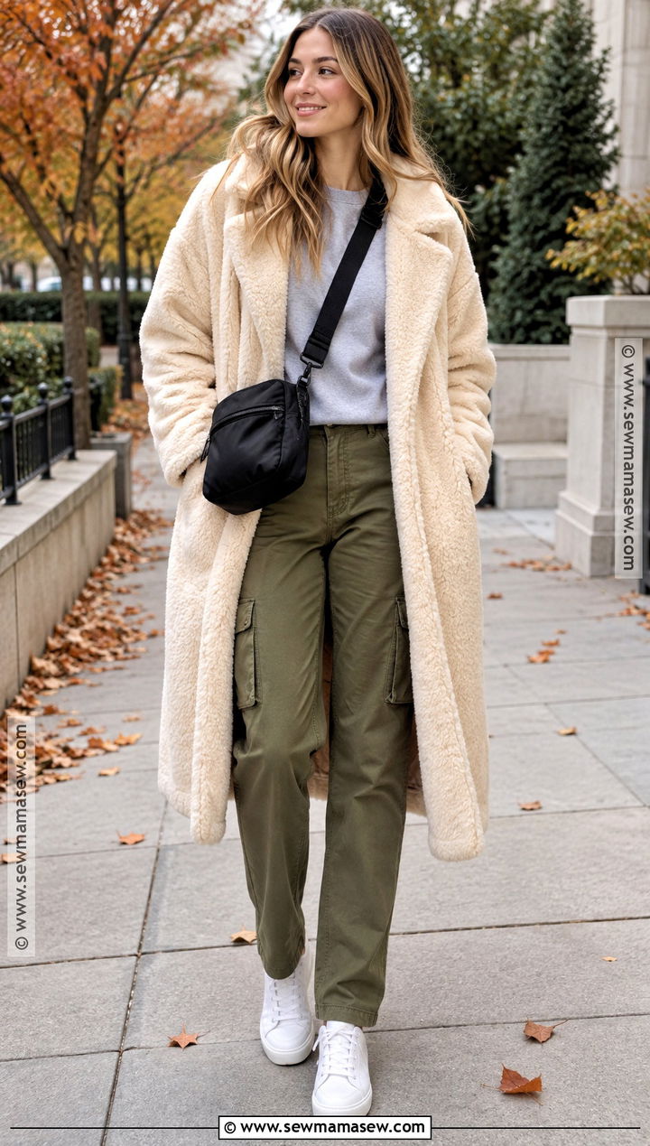 Teddy Long Coat With Cargo Pants - 20 long coat fall outfit ideas