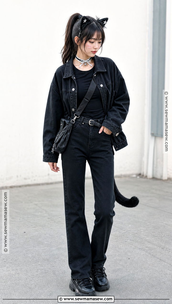Teen Black Cat Costume With Denim Jacket - 45 black cat halloween costume ideas