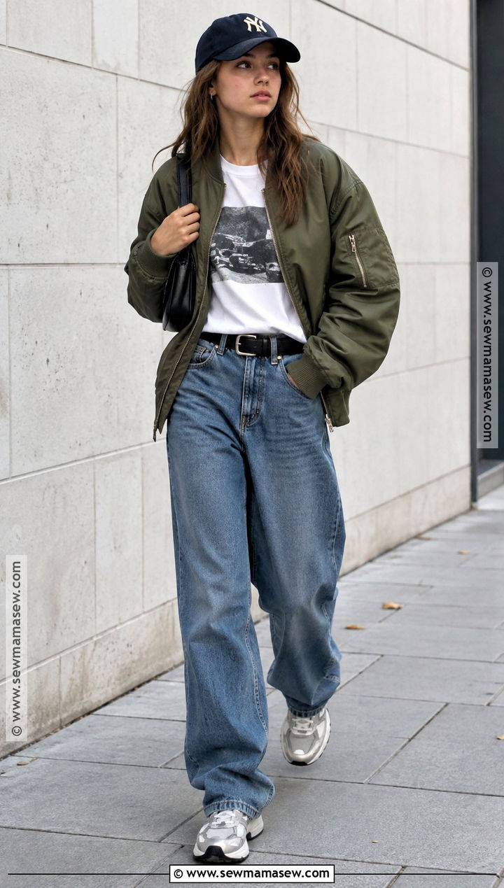 Teen Fall Outfit With Bomber Jacket Graphic Tee And Baggy Jeans - 15 teen fall outfit inspo ideas