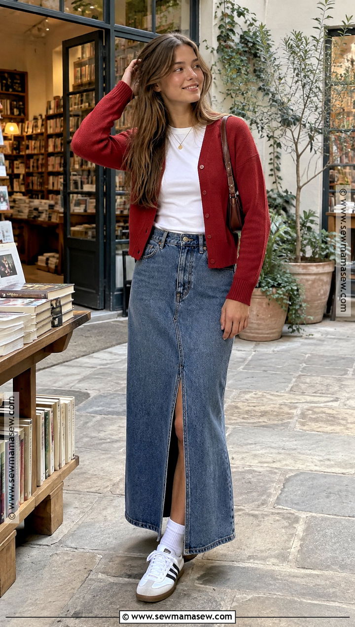 Teen Fall Outfit With Cardigan And Denim Maxi Skirt - 25 teen fall outfits
