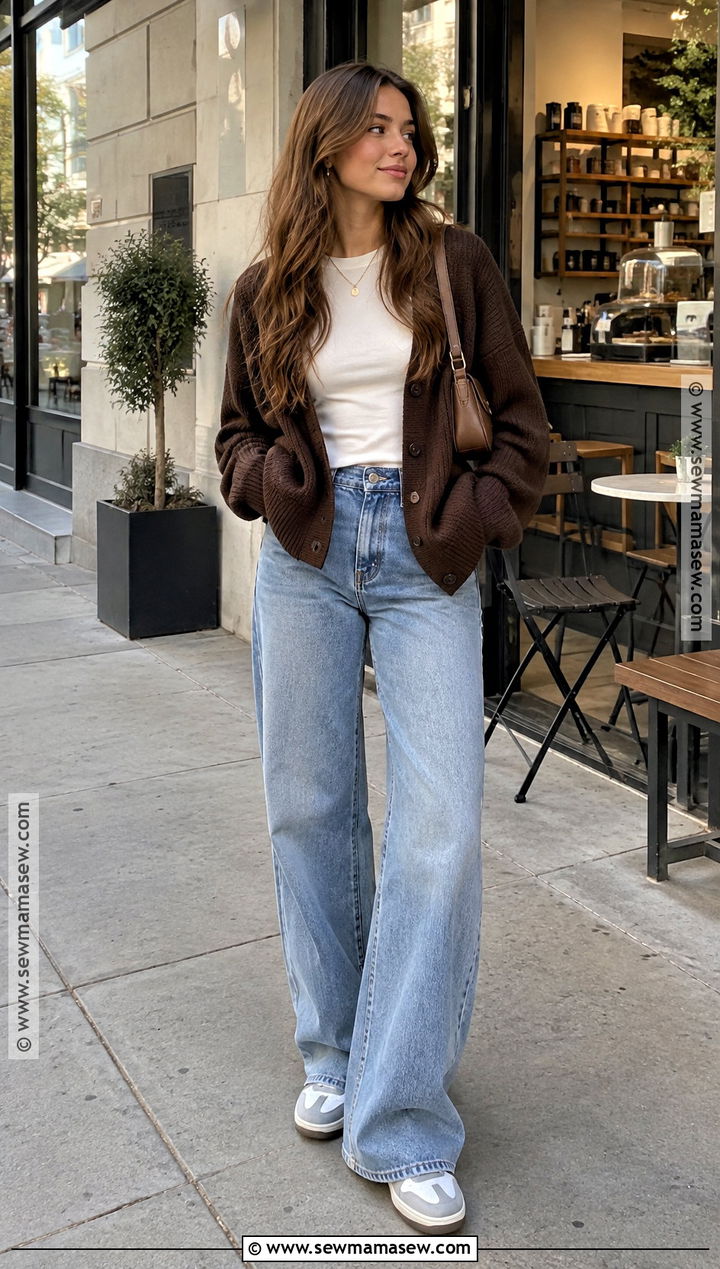 Teen Fall Outfit With Cardigan Fitted Tee And Wide Leg Jeans - 15 teen fall outfit inspo ideas