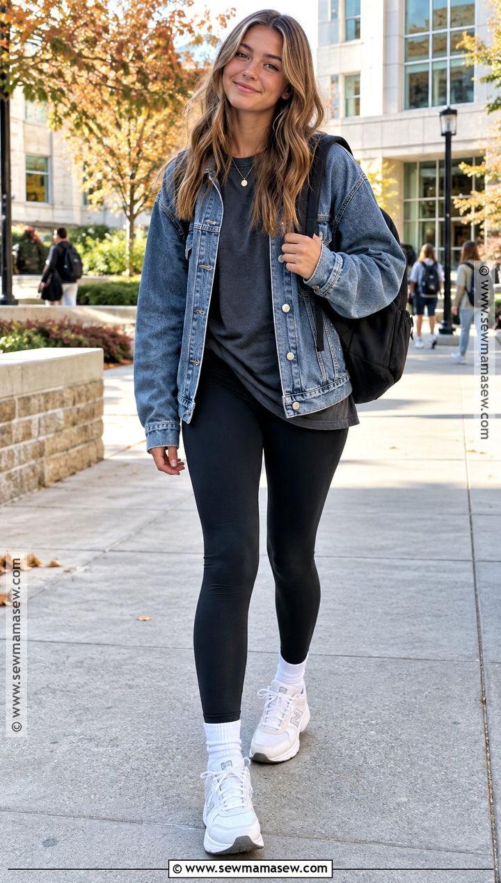 Teen Fall Outfit With Denim Jacket And Black Leggings - 25 teen fall outfits