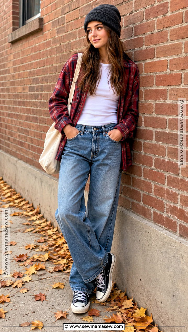 Teen Fall Outfit With Flannel Shirt And Baggy Jeans - 25 teen fall outfits