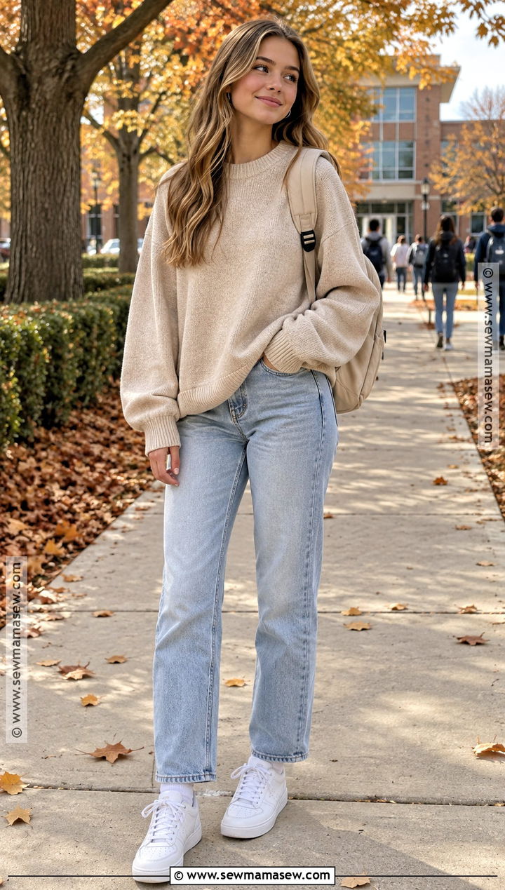 Teen Fall Outfit With Oversized Sweater And Straight Leg Jeans - 15 teen fall outfit inspo ideas