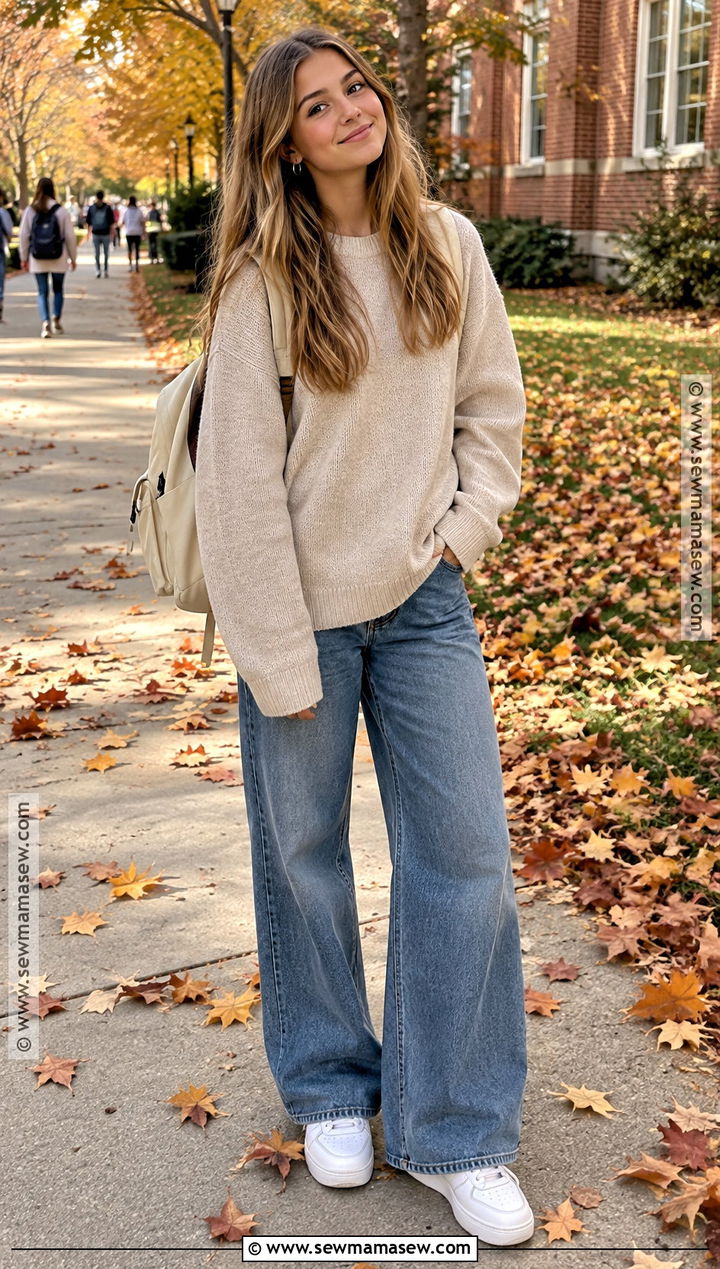 Teen Fall Outfit With Oversized Sweater And Wide Leg Jeans - 25 teen fall outfits