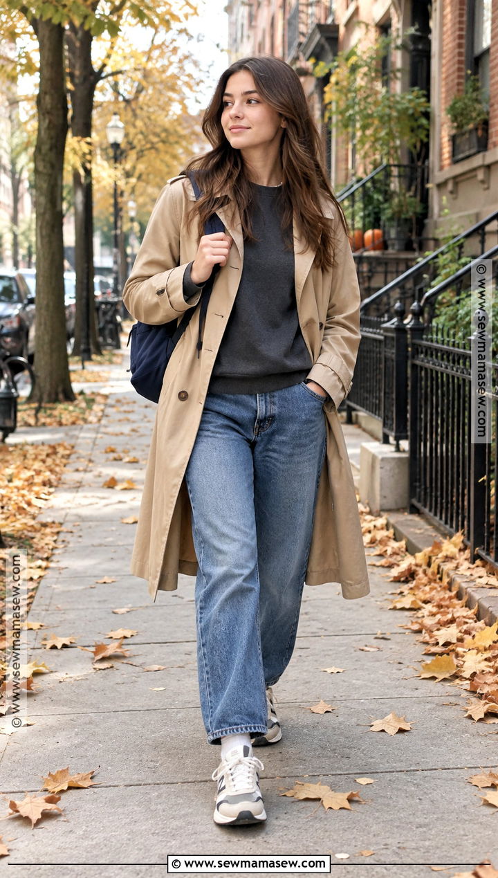 Teen Fall Outfit With Trench Coat Sweatshirt And Relaxed Jeans - 15 teen fall outfit inspo ideas