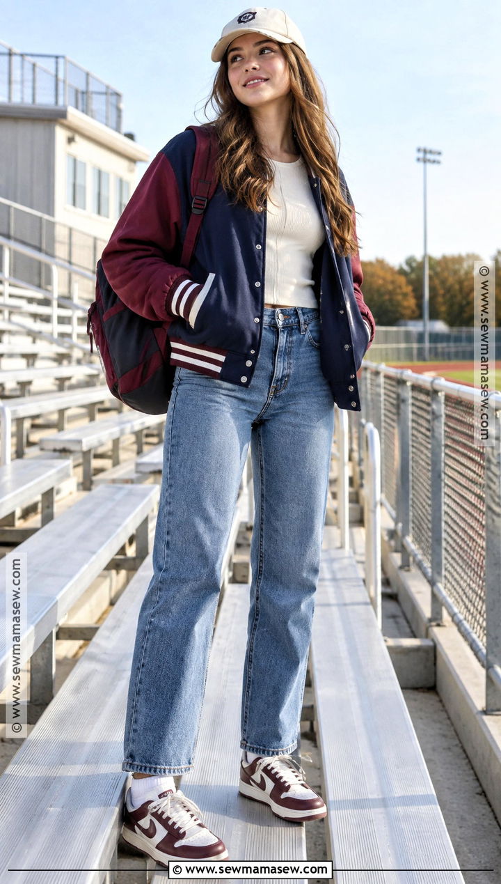Teen Fall Outfit With Varsity Jacket And Straight Jeans - 25 teen fall outfits