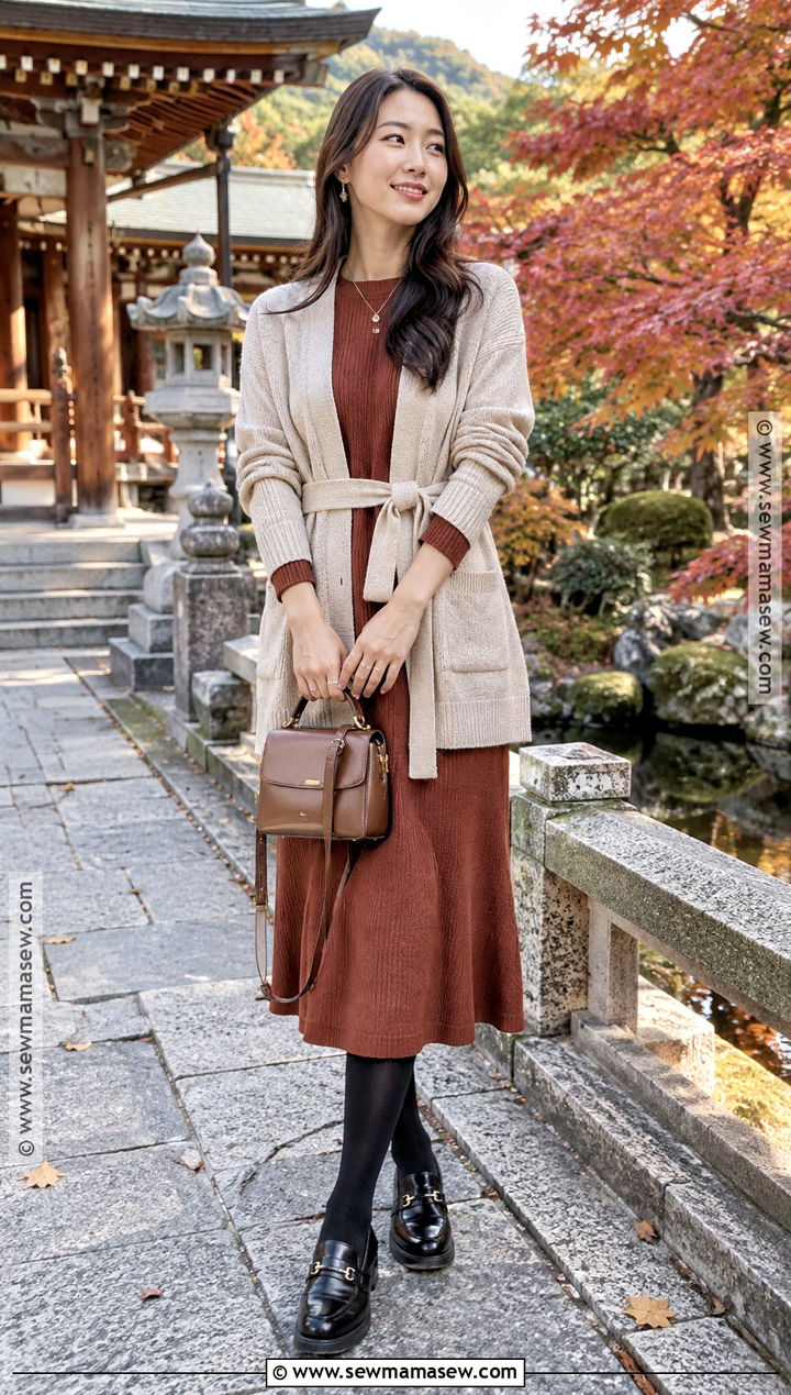 Temple Visit Knit Dress And Loafers Outfit - 20 japan in november outfit ideas
