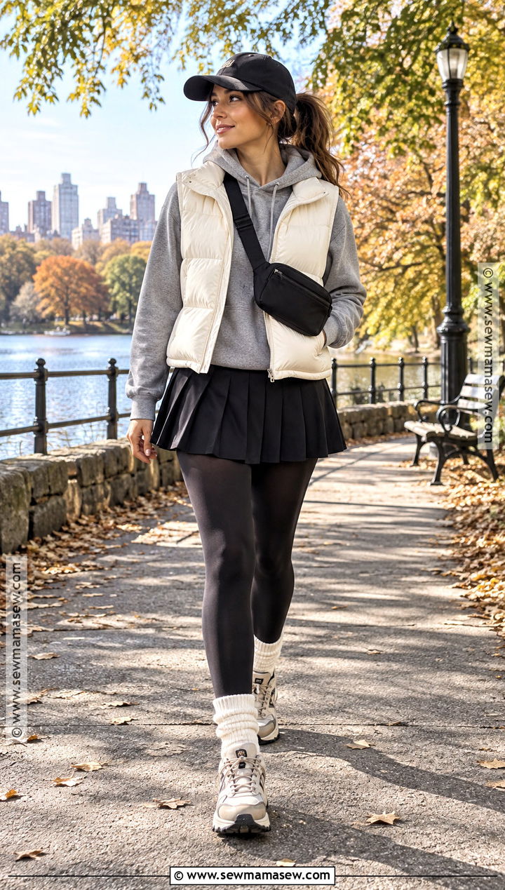 Tennis Skirt With Hoodie And Puffer Vest - 20 tennis skirt fall outfit ideas