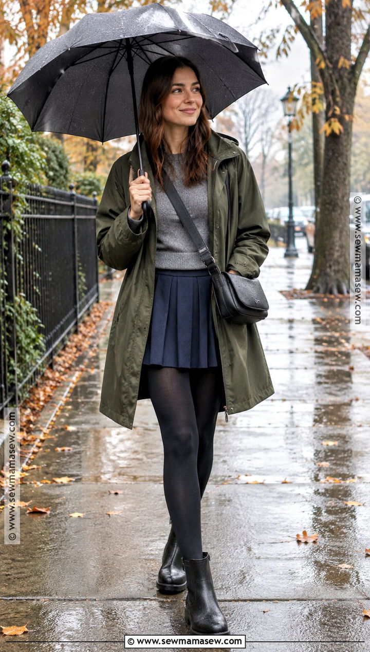 Tennis Skirt With Raincoat and Waterproof Boots - 20 Fall Tennis Skirt Outfit Ideas