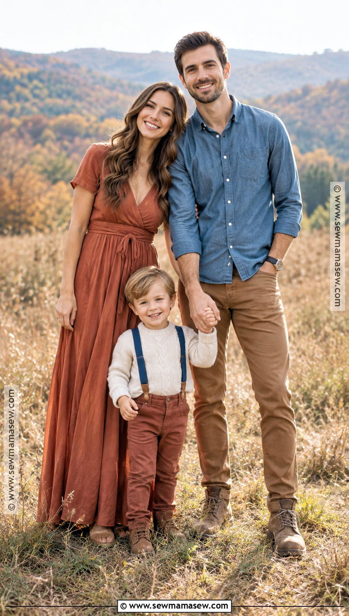Terracotta And Blue Fall Family Of 3 Photo Outfit - 20 fall family of 3 photo outfits