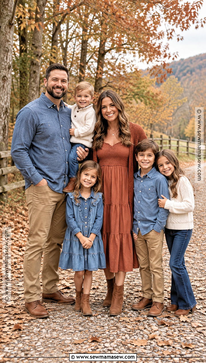 Terracotta And Blue Large Family Fall Photoshoot Outfits - 15 Large Family Fall Photoshoot Outfits