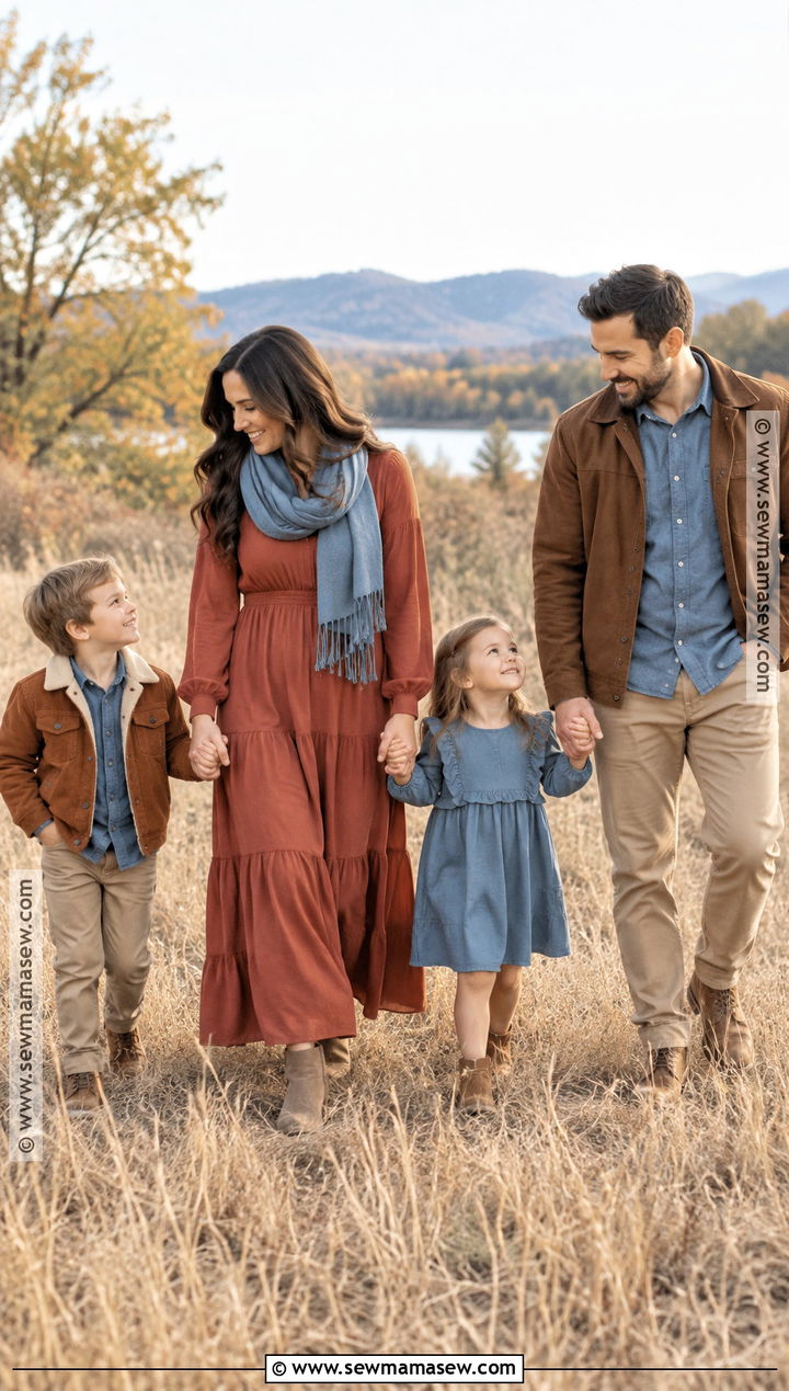 Terracotta And Dusty Blue Fall Family Photo Outfits - 15 fall family photo style guide ideas