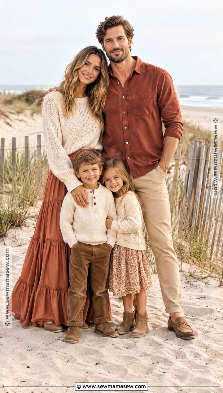 Terracotta And Oatmeal Fall Beach Family Photo Outfits - 20 fall beach family photos outfits