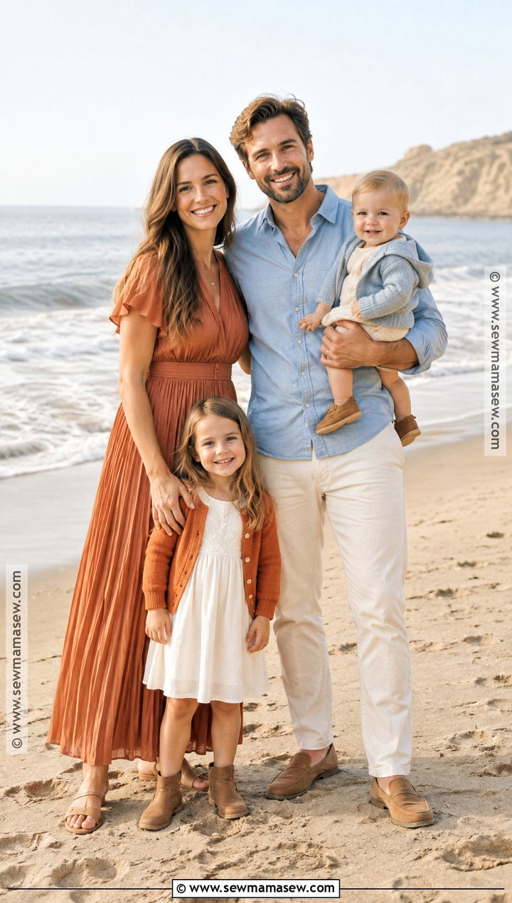 Terracotta And Soft Blue Beach Family Outfit - 15 fall family pictures outfits beach