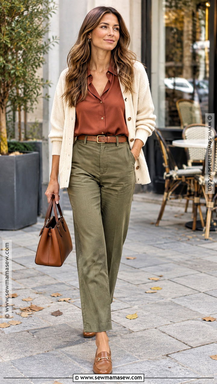 Terracotta Blouse And Olive Pants Autumn Outfit - 20 Autumn Colour Palette Outfits
