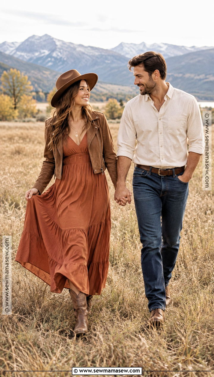Terracotta Boho Dress With Western Boots - 15 engagement photos outfits fall dresses
