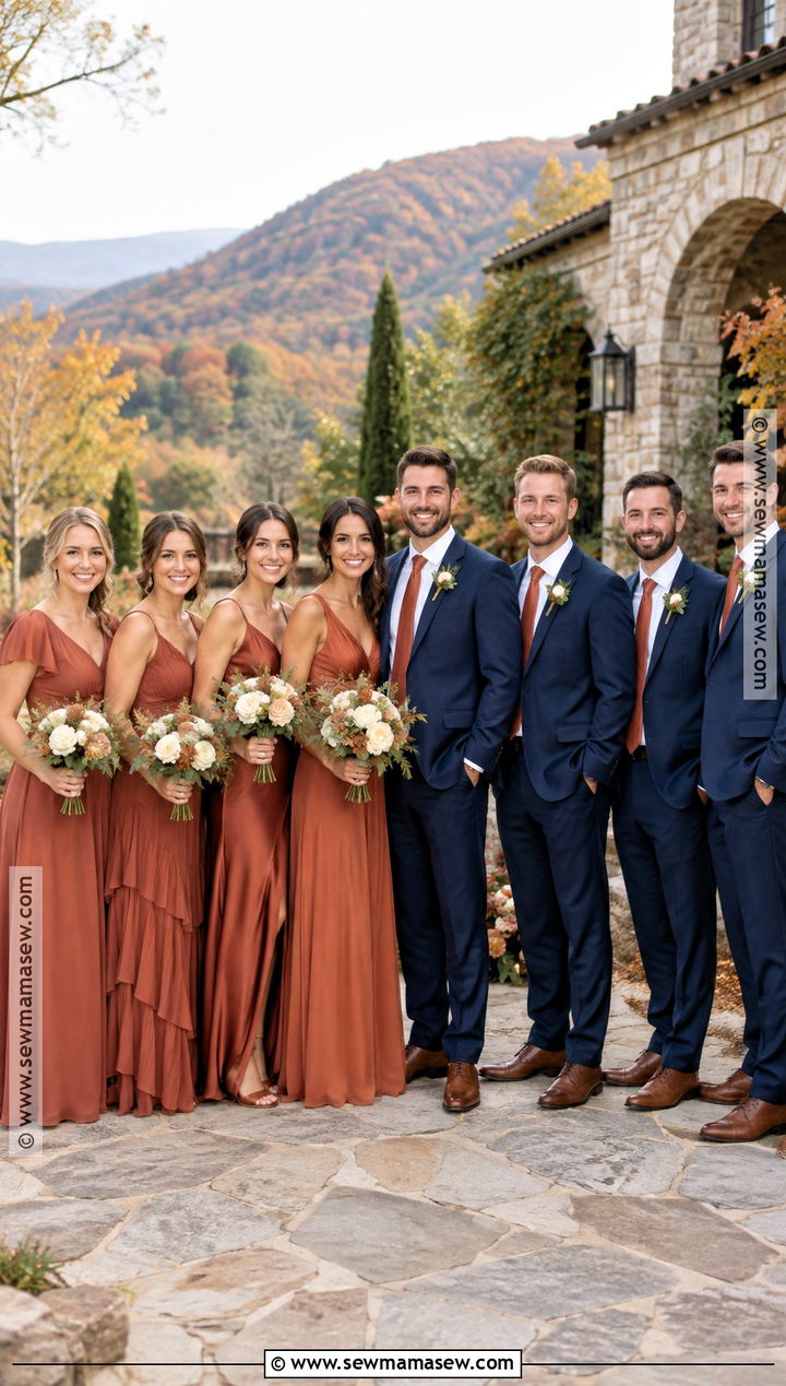 Terracotta Bridesmaid Dresses With Navy Groomsmen - 15 fall bridesmaid dresses mismatched with groomsmen