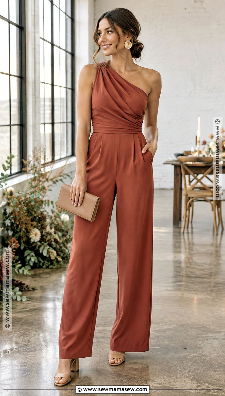 Terracotta Bridesmaid Jumpsuit Outfit - 15 autumn wedding party attire ideas