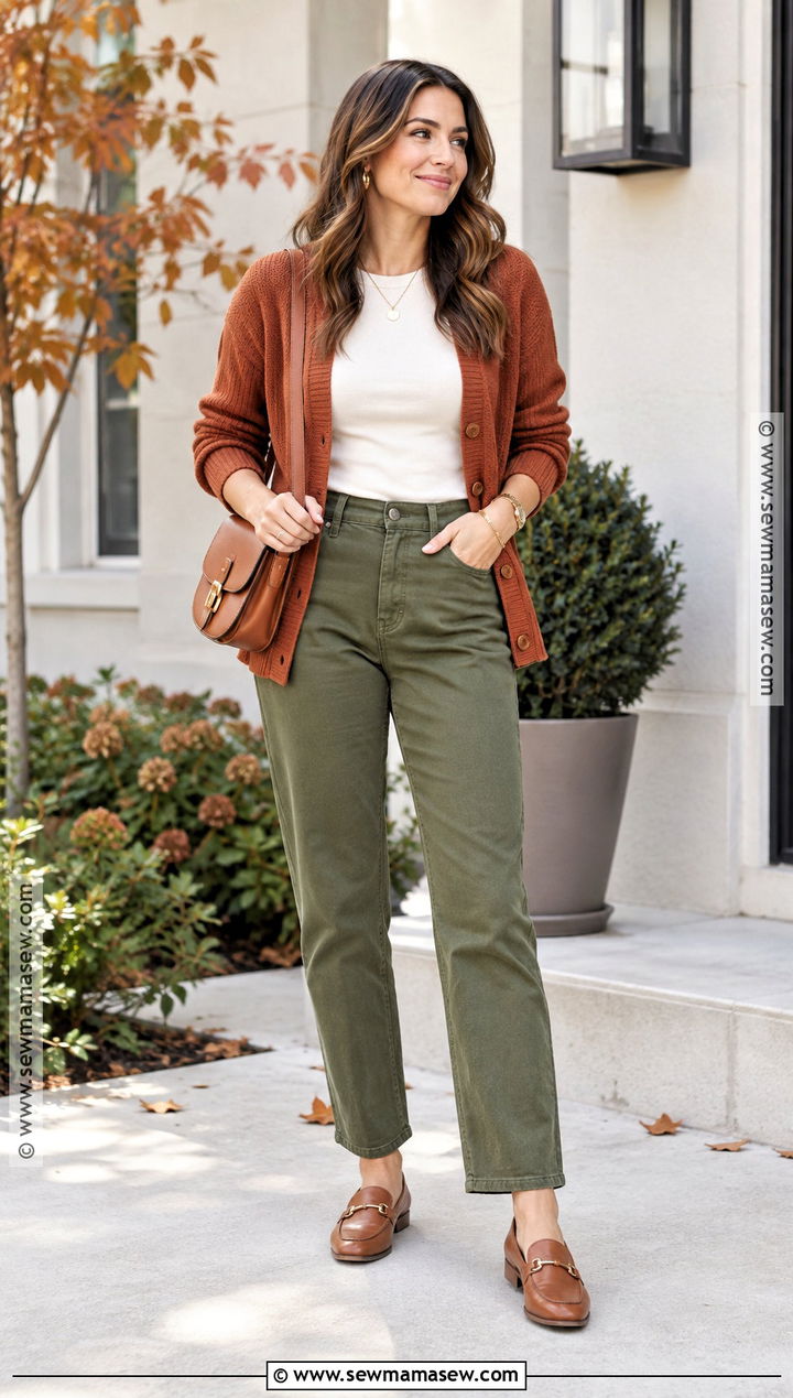 Terracotta Cardigan With Olive Pants - 15 autumn colour palette clothes outfit