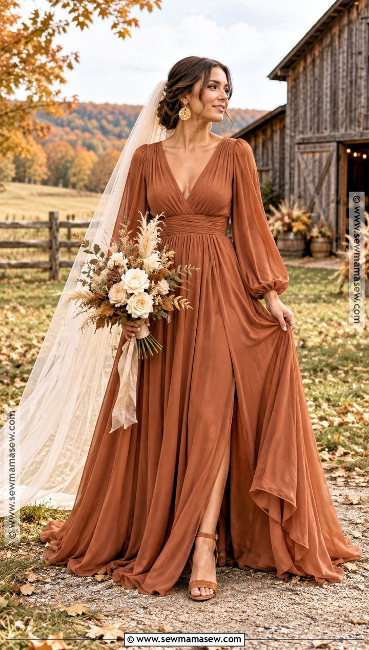 Terracotta Chiffon Fall Wedding Dress - 20 fall color wedding dress ideas
