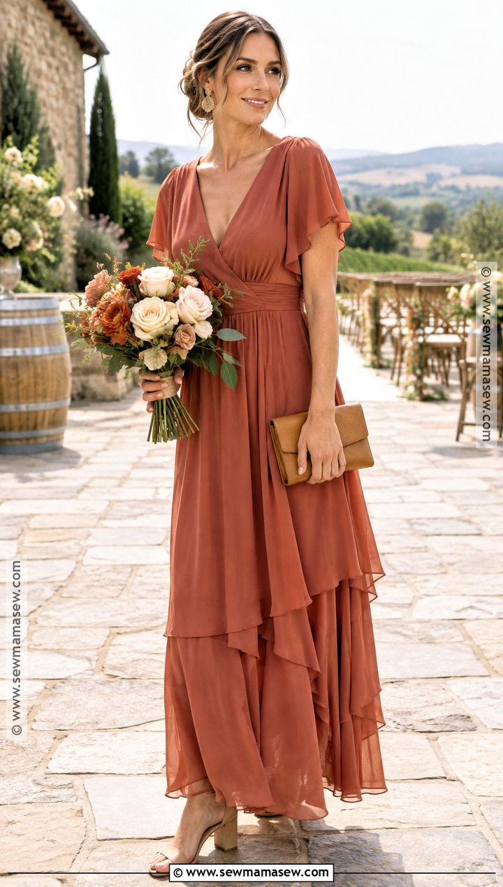 Terracotta Chiffon Flutter Sleeve Bridesmaid Dress - 20 november wedding bridesmaid dress ideas