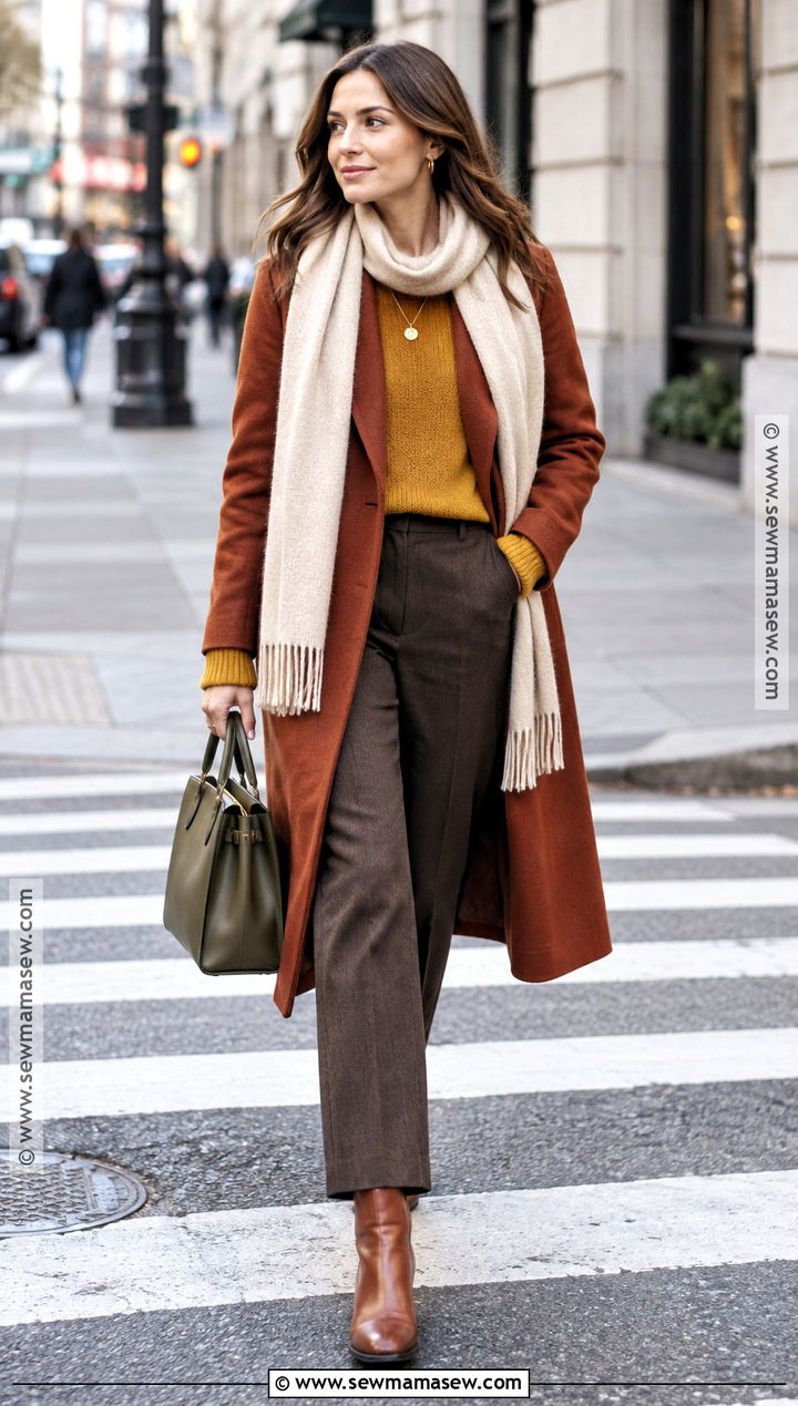Terracotta Coat And Mustard Knit Outfit - 25 warm autumn color palette outfit ideas