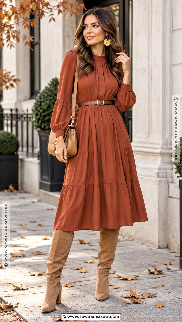 Terracotta Dress With Tan Boots - 20 autumn colour palette clothes