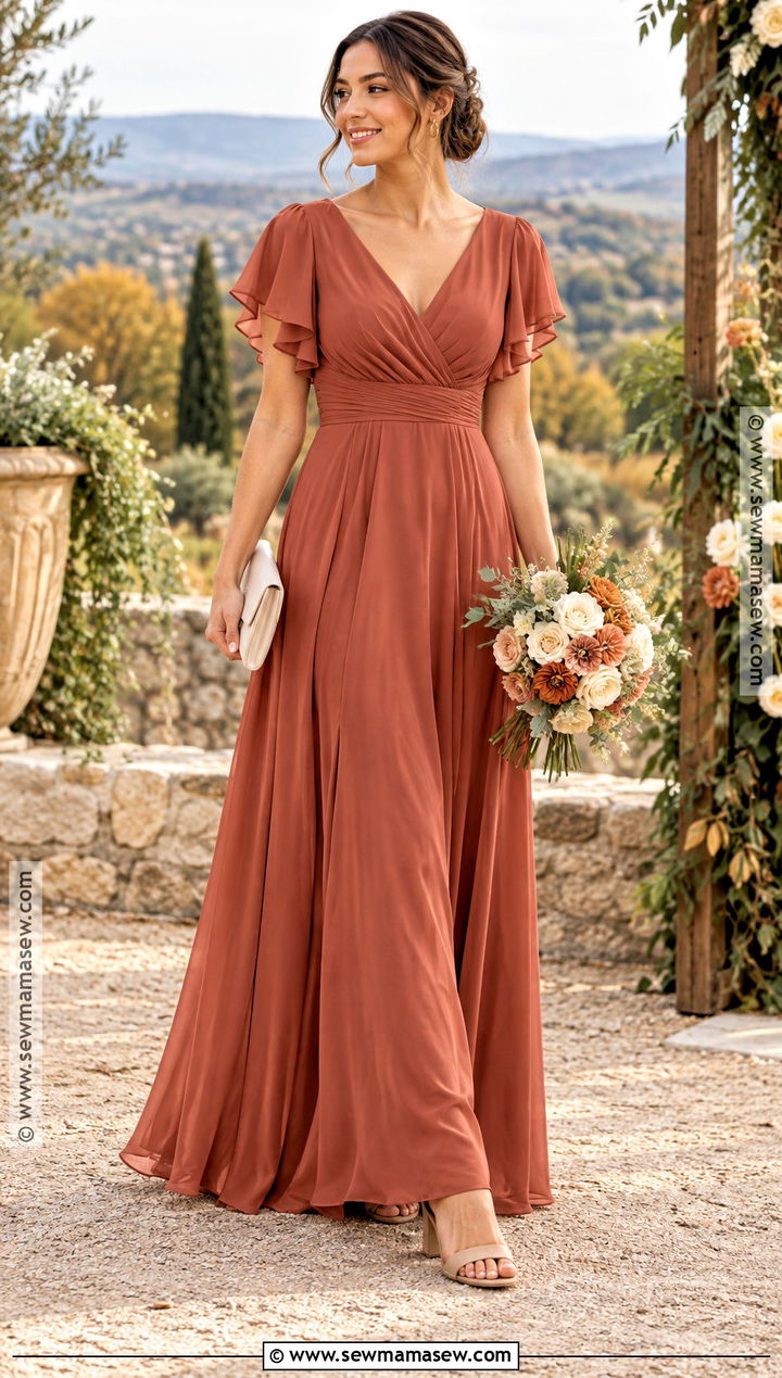 Terracotta Flutter Sleeve Bridesmaid Dress - 15 Fall Bridesmaid Dresses With Sleeves