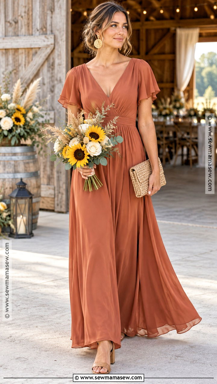 Terracotta Flutter Sleeve Bridesmaid Dress - 15 fall sunflower wedding theme bridesmaid dresses