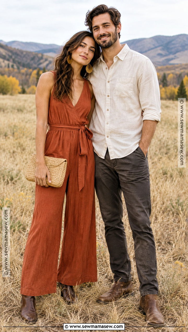 Terracotta Jumpsuit With Leather Boots - 15 boho engagement photos outfits fall