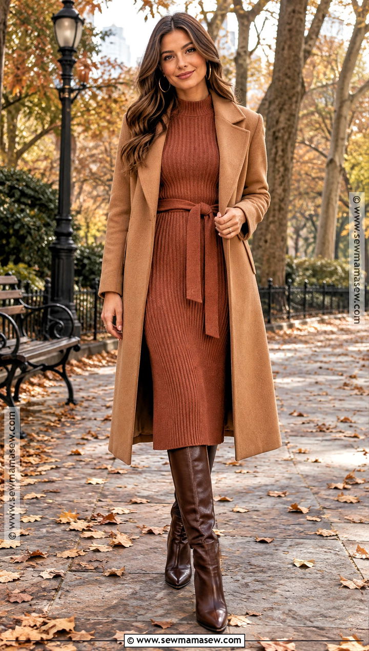 Terracotta Knit Dress With Knee High Boots - 15 fall engagement pictures dress ideas