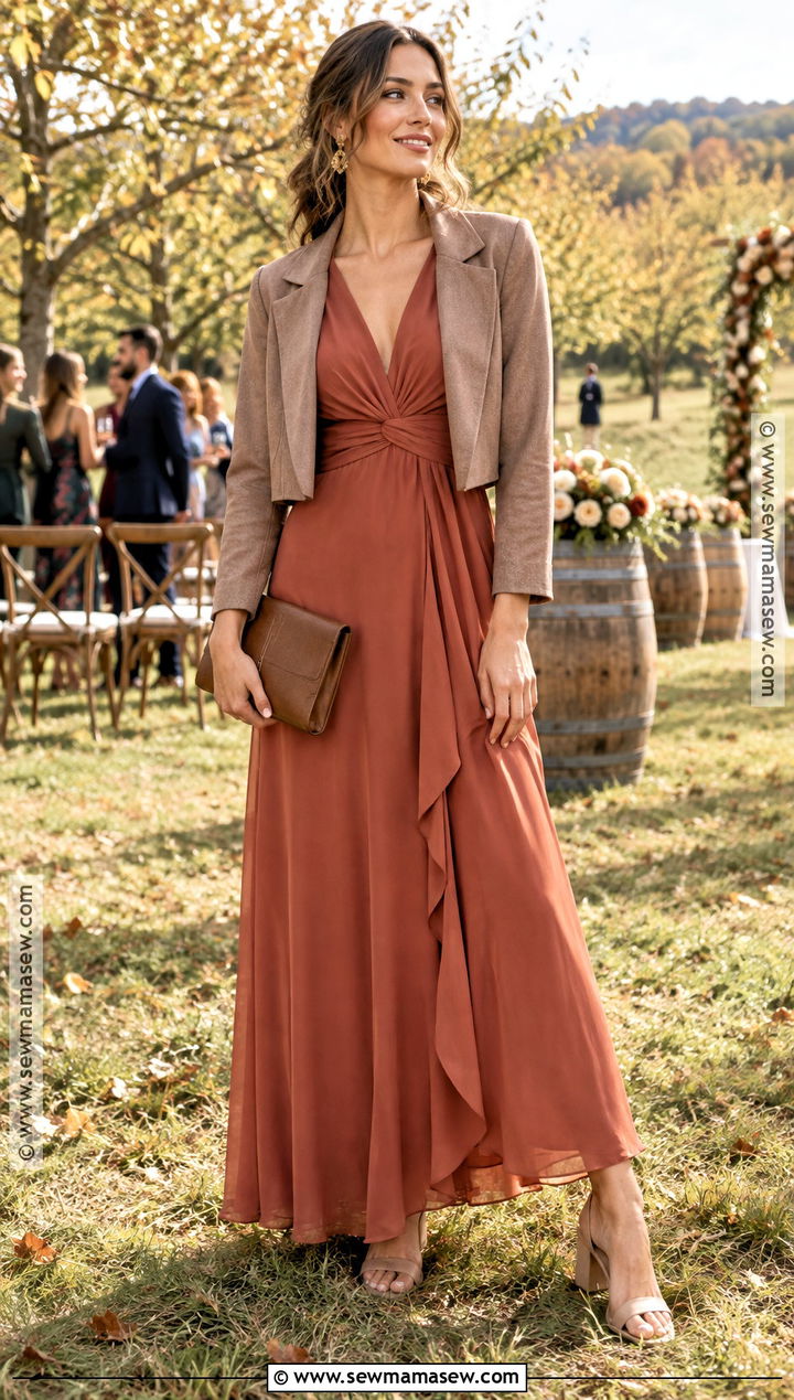 Terracotta Maxi Dress With Block Heels - 20 fall casual wedding guest attire ideas