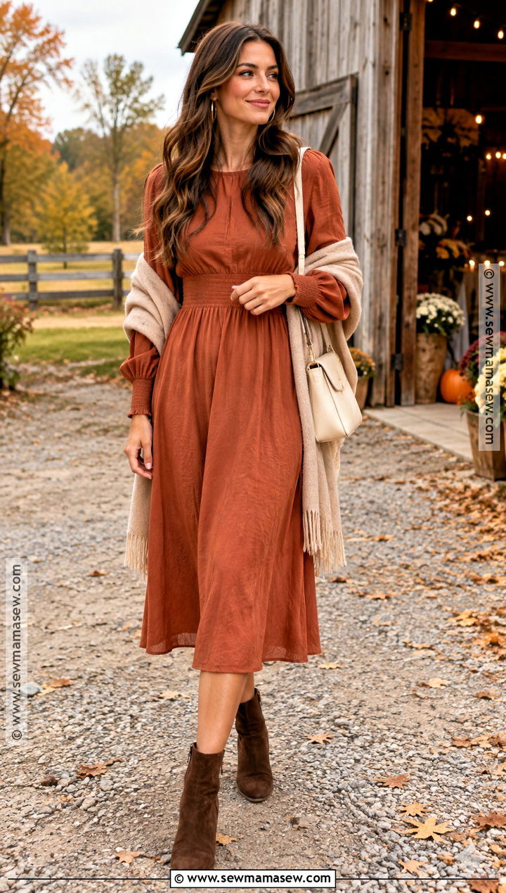 Terracotta Midi Dress and Suede Boots - 15 casual fall wedding outfit ideas